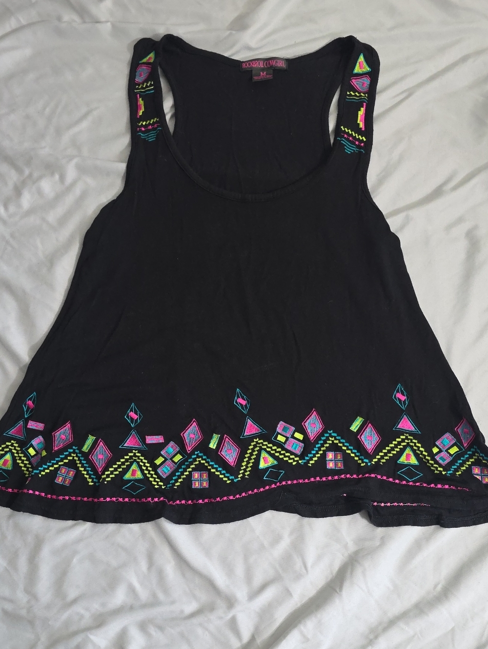 Rock & Roll Cowgirl Black Tank Top with Neon Geometric Embroidery